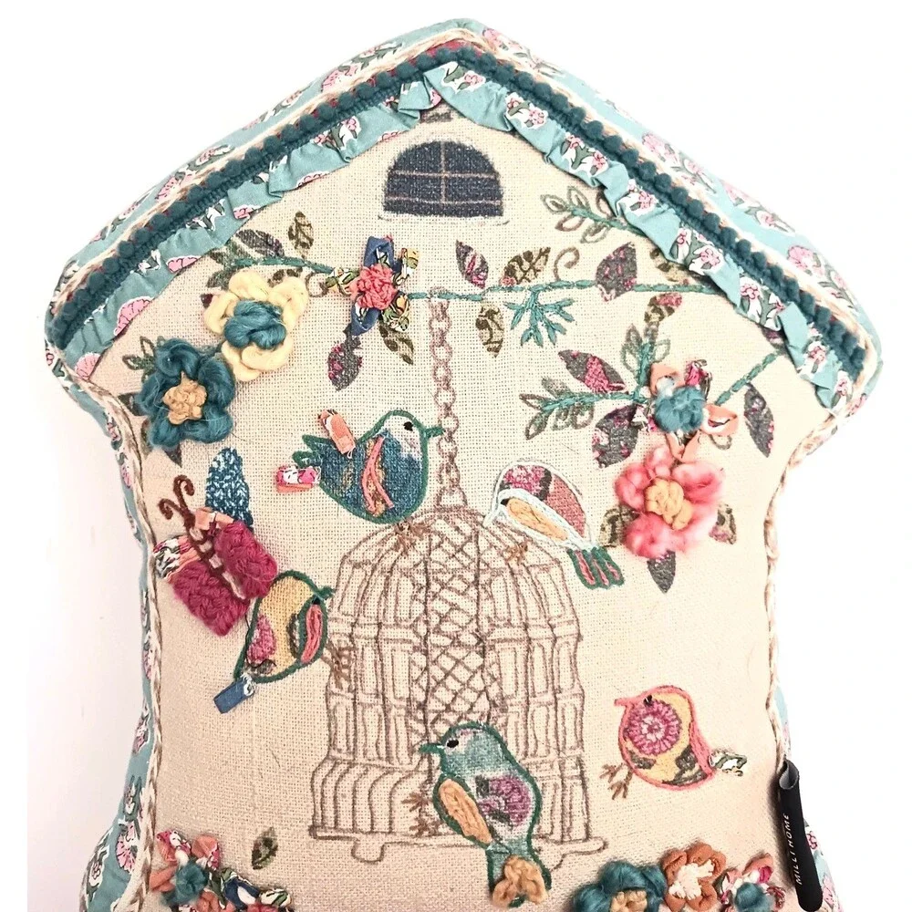 Milli Home Embroidered Birdhouse Accent Pillow Cottage Core Yarn Flowers Shaped